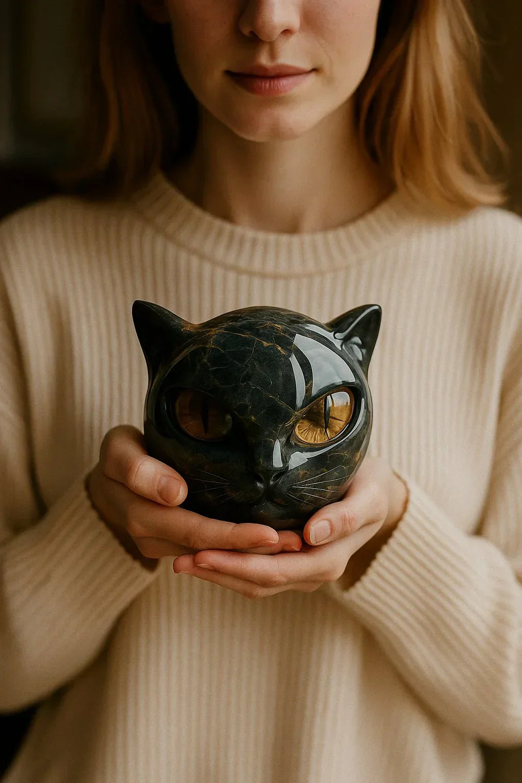 Chat Mystère | Sculpture de Tête de Chat Noir Mystique
